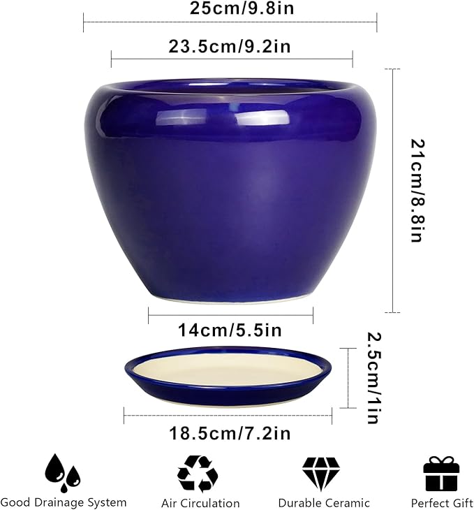 Ceramic Planter 10 Inch - Indoor Plant Pot for Plants with Drainage Hole and Saucer Large Planter Round Outdoor Flower Pot Mid-Century for House Patio Decor Blue