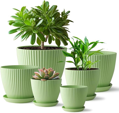 Plant Pots with Drainage Holes and Tray Saucer - 7.5/6.5/5.5/4.9/4.2/3.5 Inches Flower Pots - 6 Pack Thick and Sturdy Planters for Indoor Plants Such As Orchid, Succulent and Herbs, Green
