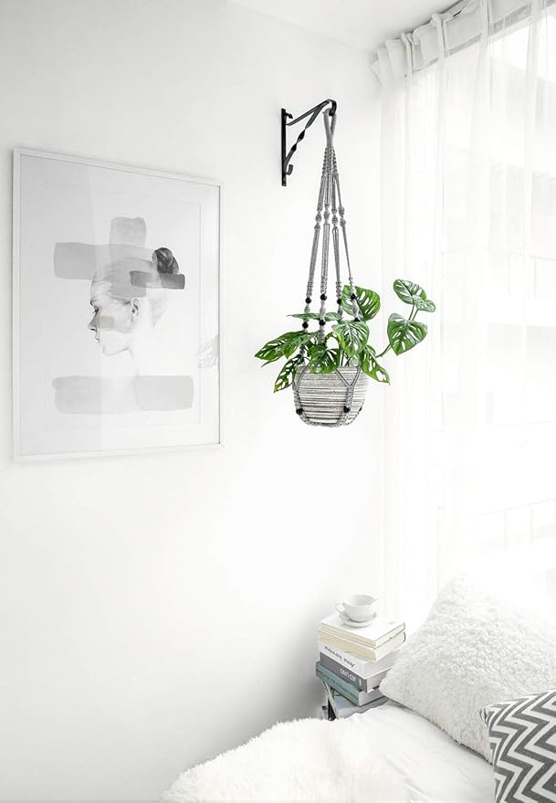 Mkono Macrame Plant Hanger Indoor Hanging Planter Basket with Wood Beads Decorative Flower Pot Holder No Tassels for Indoor Outdoor Boho Home Decor 35 Inch, Gray, Set of 3 (POTS NOT Included)
