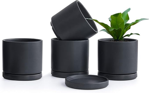 D'vine Dev Set of 4 Small Ceramic Plant Pots, 4.6 Inch Succulent Planter Pot for Plants with Drainage Hole and Saucer, Black, 94-X-B-2