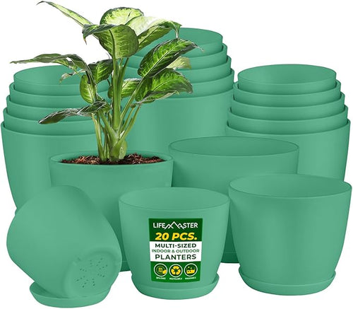 Planter Pots with Drainage Holes - Lightweight, Durable, & Space-Saving Pots for Indoor and Outdoor - Versatile Functionality, Simple Modern Design, Set of 20 Plastic Planter Pots Mint