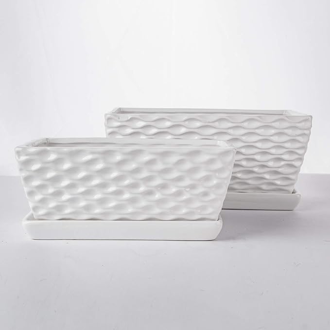 Brajttt Flower Pots,Rectangular Modern White Ceramic Succulent Pots with Drainage, Garden Pots with Hole, Ceramic Pots, Planter Box with Saucer 2 Set