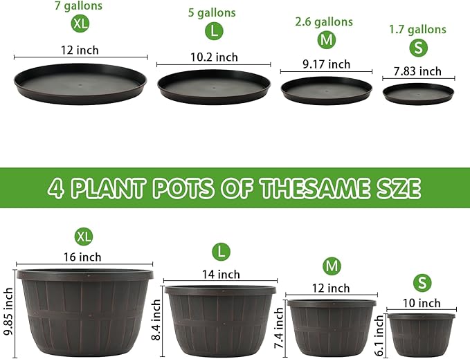 Quarut 12 Inch Large Planter Pot for Plants Indoor Outdoor, 4 Pack Plastic Flower Pots with Drainage Hole & Tray, Modern Decorative Garden Pot with Saucer, Plant Container for House(Brown)