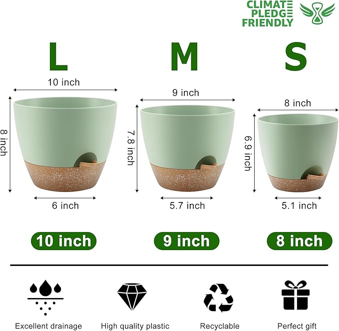 Plant Pots 10/9/8 Inch Self Watering Pots, Set of 3 Plastic Planters with Drainage Holes and Saucers,Plastic Flower Pots,Nursery Planting Pot for Indoor Out Door Plants(Green)