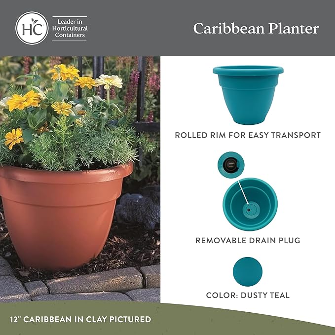 The HC Companies Caribbean Planter Pot - Outdoor & Indoor Plant Pot with Drainage Hole & Plug - Rolled Rim Plastic Pots for Plants & Flowers - Decorative Plant Pot (16" Dusty Teal, Pack of 2)