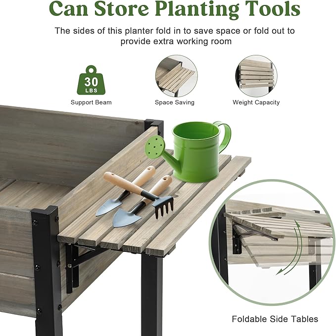 Raised Garden Bed, Metal Leg Wood Planter Boxes with Folding Storage Shelf,Elevated Planter Box for Growing Fresh Herbs, Vegetables, Flowers Great for Outdoor Patio, Deck, Balcony(Gray)