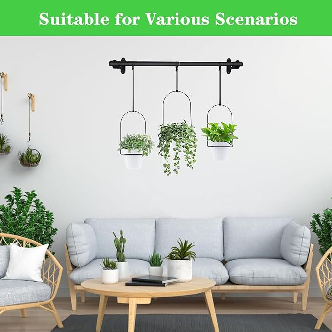 DOUBFIVSY Hanging Planters for Indoor Plants Plant Hanger, Adjustable Hanging Window Planter Hanging Wall Planter for Garden, 25in Plant Shelves Metal Holder Rod with Pots (Black)