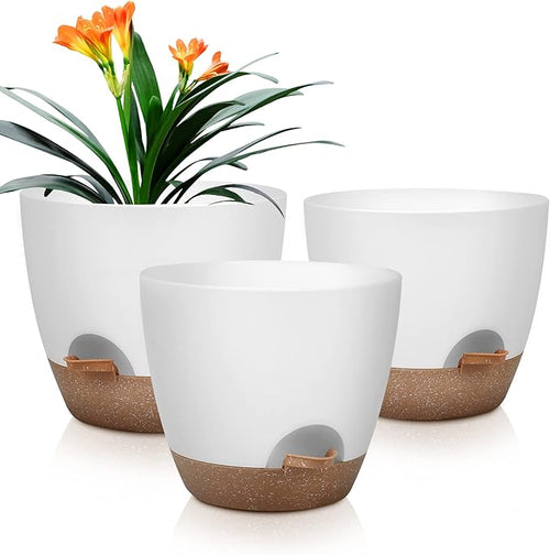 Plant Pots 10/9/8 Inch Self Watering Pots, Set of 3 Plastic Planters with Drainage Holes and Saucers,Plastic Flower Pots,Nursery Planting Pot for Indoor Out Door Plants(White)