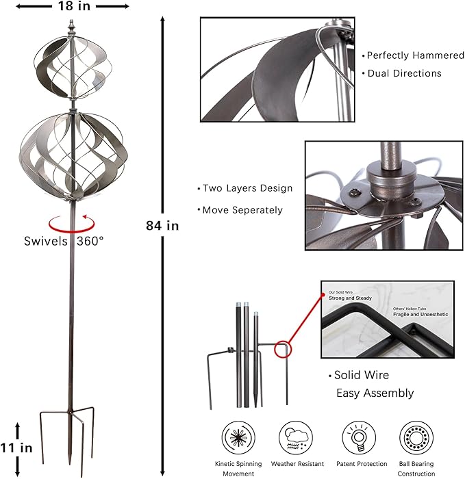 Wind Spinners Outdoor Metal - Large Kinetic Wind Spinner for Yard Garden, Windmills Lawn Ornament Décor for Lawn Patio (Height 84")