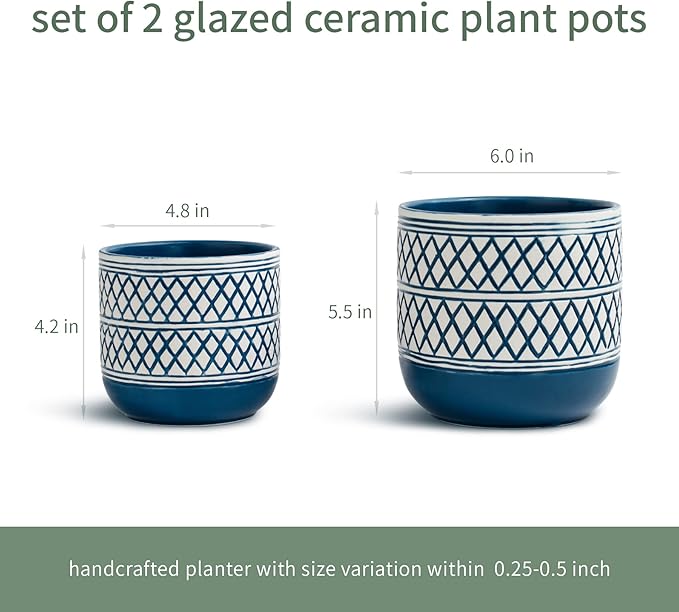 Ceramic Plant Pots, 6 + 4.7 inch Blue Plant Pot, Flower Pots for Indoor Plants, Planter with Drainage Hole for Succulent Orchid Snake Plants Cactus