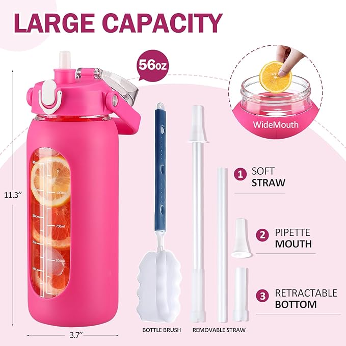 kytffu 56oz Glass Water Bottles with Straw, Motivational Glass Bottle with Silicone Sleeve and Time Marker, Leakproof Large Glass Water Jug for Gym Home Office,Rose red