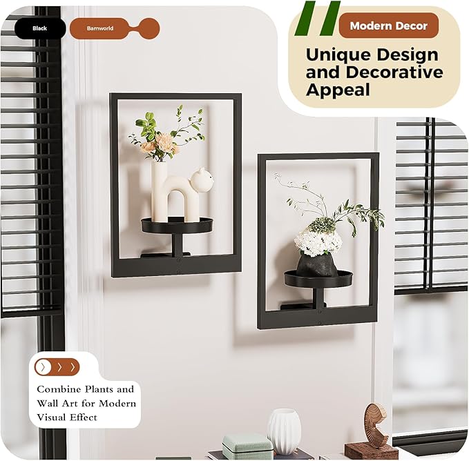 Bamworld Wall Planters for Indoor Plants Metal Wall Plant Holder Plant Hanger Wall Decor Wall-Mounted Wall Hanging Planters Outdoor Plant Rack Black 2 Pack (Patent Design)