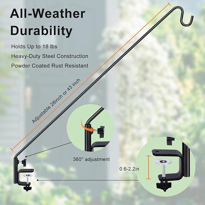 MIXXIDEA Deck Hook Outdoor Hanging Brackets:43 Inches Wall Mounted Hook Plants & Wind Chimes Risk-Free Lanterns Large Wind Chimes Lanterns