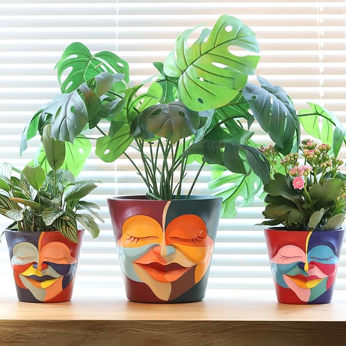 GUGUGO Face Planters Pots with Drainage, Abstract Gardening Pots for Indoor Plants, Unique Funny Small Succulent Pot for Plant Lover Gifts (Rainbow Colors - Mainly Green, 5.5Inch)
