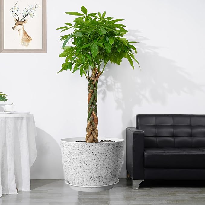 12/10/9 Large Modern Plant Pots, Plastic Planters with Drainage Holes and Saucers for Indoor Outdoor Plants Flowers, White Speckles