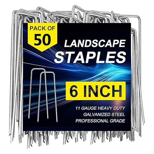 50 Pack Heavy Duty Garden Staples 6 Inch 11 Gauge Landscape Staples Galvanized Ground Stakes Anti-Rust Landscape Fabric Staples Garden Stakes for Irrigation Tubing, Fence, Weed Barrier, Ground Cover