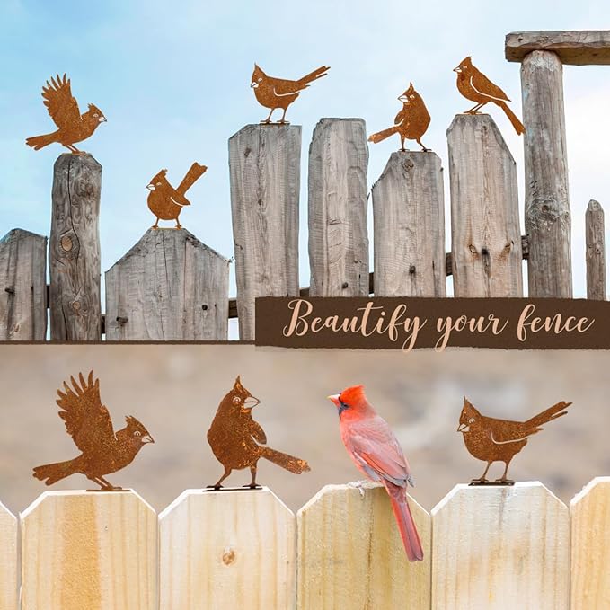 5PCS Rusty Birds Decoration, Fence Decorations Outdoor, Metal Birds Yard Decor Perfect Yard Art and Large Outdoor Ornaments, Cardinal Gifts