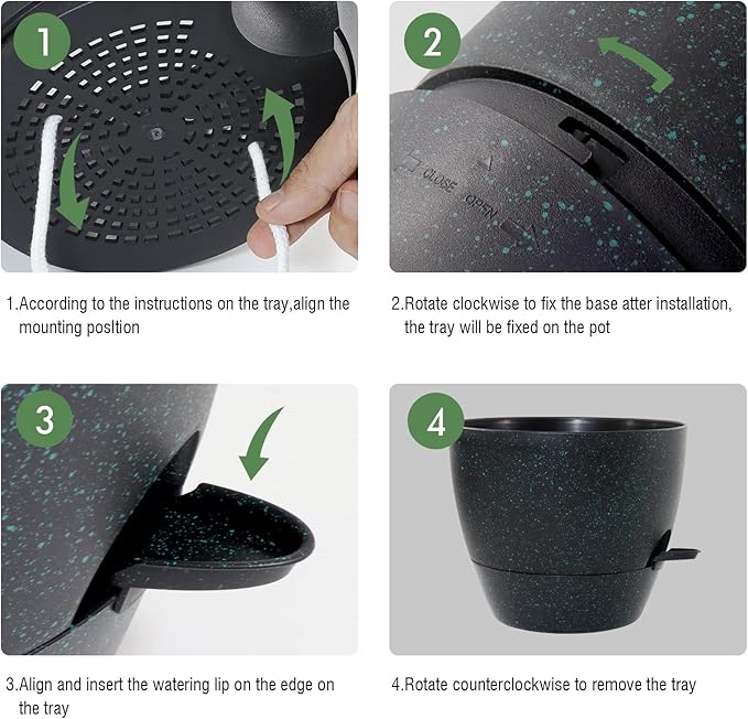 12 inch Large Self Watering Pots, Plastic Planters with 60oZ Removable Deep Reservoir and Multi Mesh Drainage Holes for Indoor Outdoor Garden Plants and Flowers, Black with Green Speckles