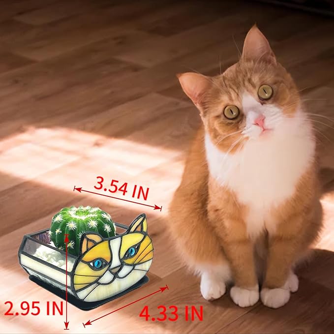 Stained Glass Yellow Cat Flower Pot,Small Succulent Planter for Indoor Plants,Cat Plant Decoration for Windowsill 4.33x3.54x2.95 in(Excluding Plants)