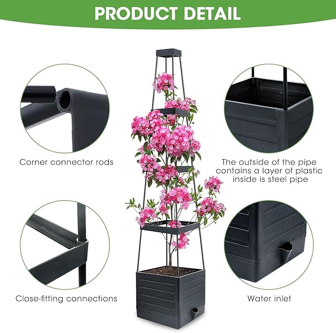 Raised Garden Bed Planter Box with Trellis, 58โ Tomato Cage Planter Raised Garden Bed with Trellis for Climbing Vegetables Plants Tomato Cage w/Self-Watering, Indoor Outdoor Use (4)