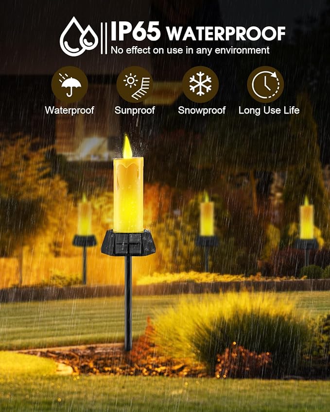Solar Lights Outdoor Waterproof, Electric LED Flameless Candles with 3 Solar Panels, Solar Pathway Lights for Garden Yard Home Outdoor Party Camping Decorations, 4 Pack