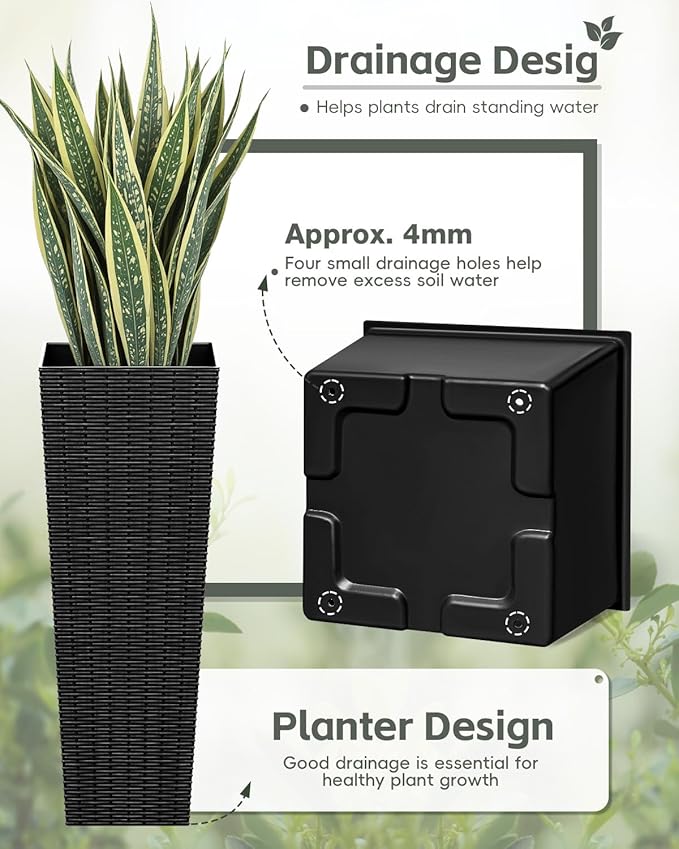 Greesum 32 Inch Tall Plastic Planters with Rattan Texture – Set of 2, Detachable Inner Pot & Drainage Holes, Indoor/Outdoor Decorative Flower Pots for Large Plants, Trees, Patio, and Garden, Black