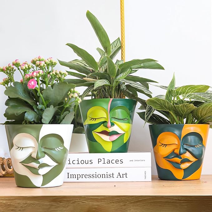 GUGUGO Face Planters Pots with Drainage, Abstract Gardening Pots for Indoor Plants, Unique Funny Small Succulent Pot for Plant Lover Gifts (Rainbow Colors - Mainly Green, 5.5Inch)