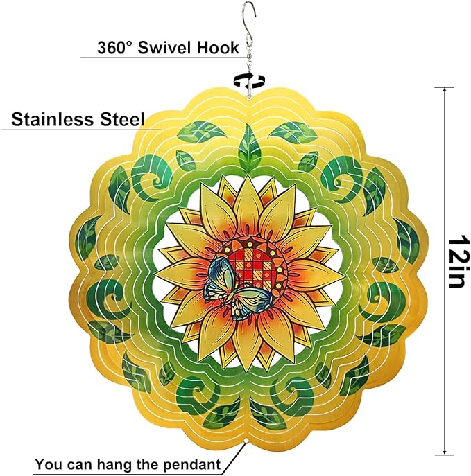 Sunflower Wind Spinners 3D Hanging Wind Spinner Sunflower Ornament Gifts for Women Mom Grandma,12inch Metal Wind Kinetic Sculpture for Outdoor&Indoor Decor, Yard Art, Garden Decoration