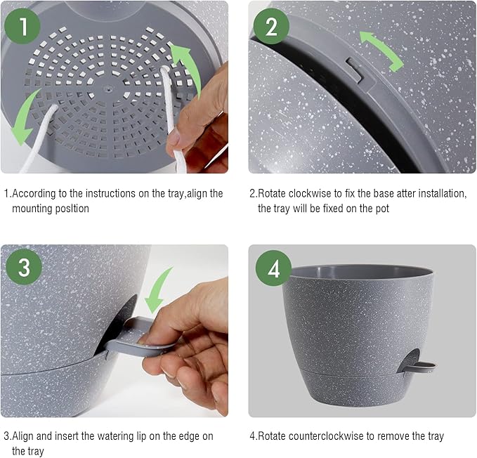 WOUSIWER 10 inch Self Watering Planters, 2 Pack Large Plastic Plant Pots with Deep Reservior and High Drainage Holes for Indoor Outdoor Plants and Flowers, Speckled Grey
