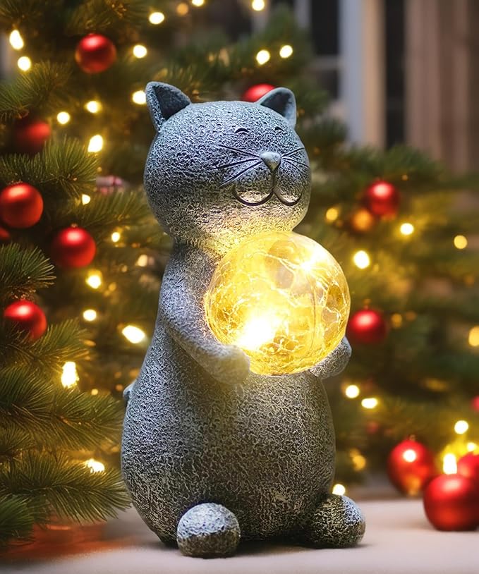 Solar Cat Statue Garden Decor - Cat Lover Gifts, with Gazing Solar LED Lights Ball Cat Decoration for Garden Yard Patio Lawn Balcony - Gifts for Mom Grandma (Gray Cat)