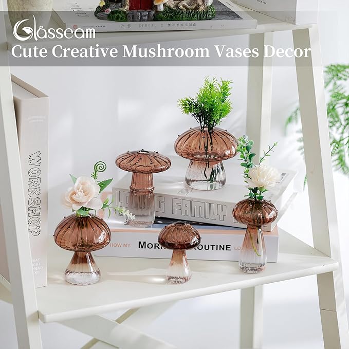 Glasseam Mushroom Plant Propagation Stations: Amber Glass Terrarium Jar Set of 10 Cute Planters for Indoor Plants Mini Propagate Station Unique Christmas Birthday Gifts for Women Home Office Decor