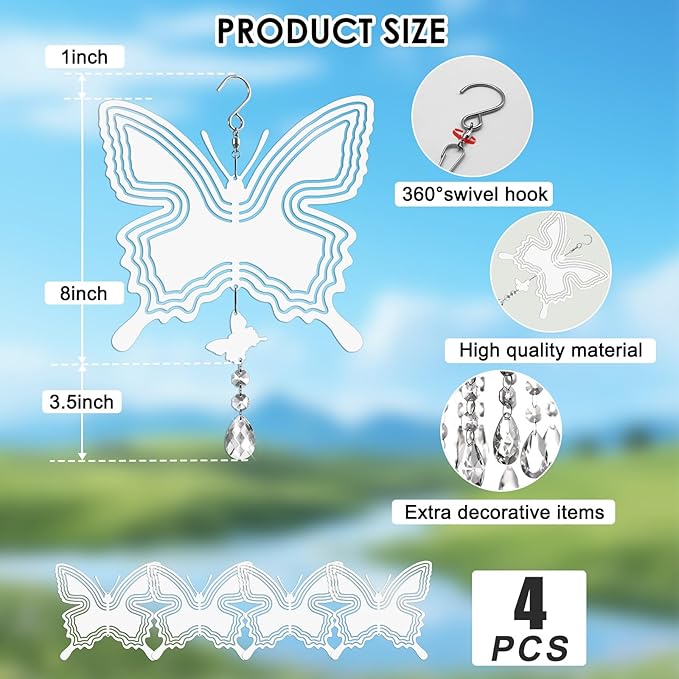 Sublimation Wind Spinner Blanks 8 Inch 4 Pack Wind Spinners Sublimation Blanks with Crystal Pendant Aluminum Metal Wind Spinners for Yard Garden Indoor Outdoor Window Porch Decoration(Butterfly