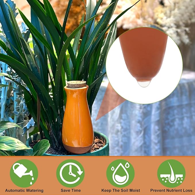 4 Packs Plant Watering Globes, Self Watering Planter Insert, Clay Plant Watering Devices, Self Watering Pots for Indoor Plant, Automatic Watering Bulbs Drip Irrigation for 1 Week Easy to Refill-Orange