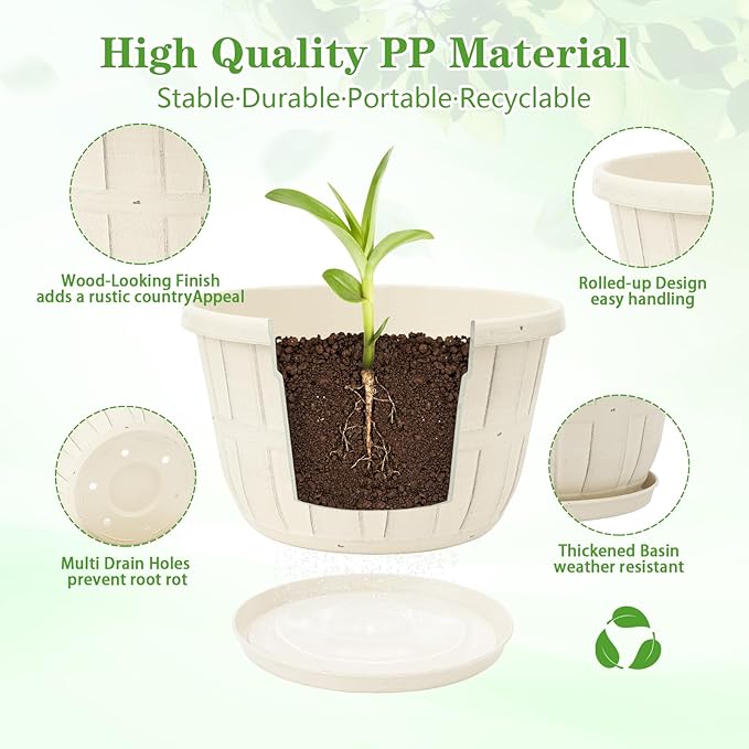 Quarut 12 Inch Large Planter Pot for Plants Indoor Outdoor, 4 Pack Plastic Flower Pots with Drainage Hole & Tray, Modern Decorative Garden Pot with Saucer, Plant Container for House(Beige)