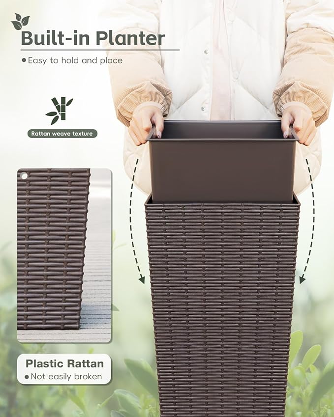 Greesum 32 Inch Tall Plastic Planters with Rattan Texture – Set of 2, Detachable Inner Pot & Drainage Holes, Indoor/Outdoor Decorative Flower Pots for Large Plants, Trees, Patio, and Garden, Brown