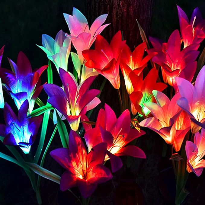 ZYLiWoo-Solar Flower Lights, 6 Pack Outdoor Lily Flower Lights, Multi Color Changing LED 24 Flowers Lily Flower Solar Garden Stakes Flower Lights, for Patio, Lawn, Garden, Yard Decoration