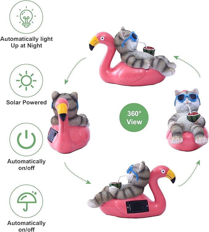 Cat Lying Flamingo Solar Statue: Outdoor Sculptures Clearance for Lawn Porch Patio Balcony Yard - Gifts for Mom Women