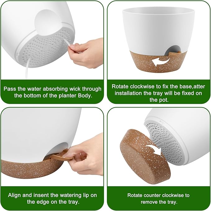 Plant Pots 10/9/8 Inch Self Watering Pots, Set of 3 Plastic Planters with Drainage Holes and Saucers,Plastic Flower Pots,Nursery Planting Pot for Indoor Out Door Plants(White)