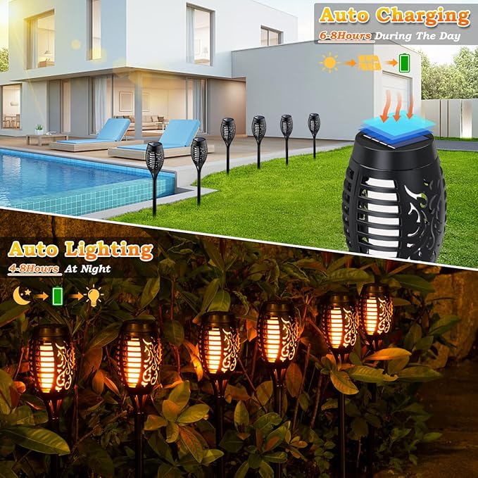 MIUSIKIT 16Pack Outdoor Solar Lights for Yard, Solar Flame Lights for Outside Decorations, Solar Pathway Lights Outdoor Waterproof, Luces Solares for Outdoor Lighting Art
