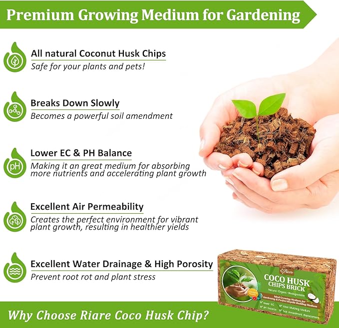 Riare 8 Pack Coco Chips Substrate for Plants- 8.8lb 100% Organic Coconut Husk Brick with Low EC and pH Balanced, High Expansion Coconut Substrate Coco Husk Mulch for Garden Flowers, Herbs, Planting