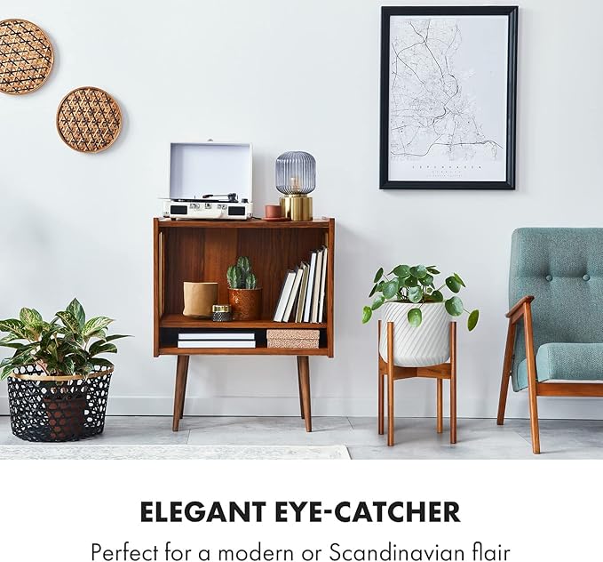 Fox & Fern Mid Century Plant Stand — 11.8 Inch Fixed Size Wooden Plant Stand for Indoor Planters; Raised Large Flower Pot Holder for Indoor Big Pots; Plug In Design; Two Height Options - Acacia