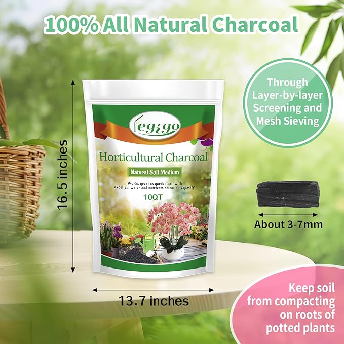 Legigo 10QT All Natural Horticultural Charcoal- Activated Hardwood Plant Charcoal for Soil Amendment, Conditioning Bonsai Soil, Succulent Soil, Terrarium Supplies, Indoor Plant Potting Soil