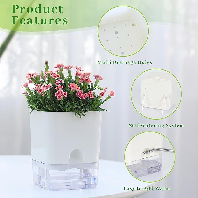 FAMZ Self Watering Planters 4 Pack,Self Watering Pots for Indoor Plants,Automatic Moisturizing,Transparent Square Flower Pot for Indoor and Outdoor Plants,Succulents,Violets,Ivy