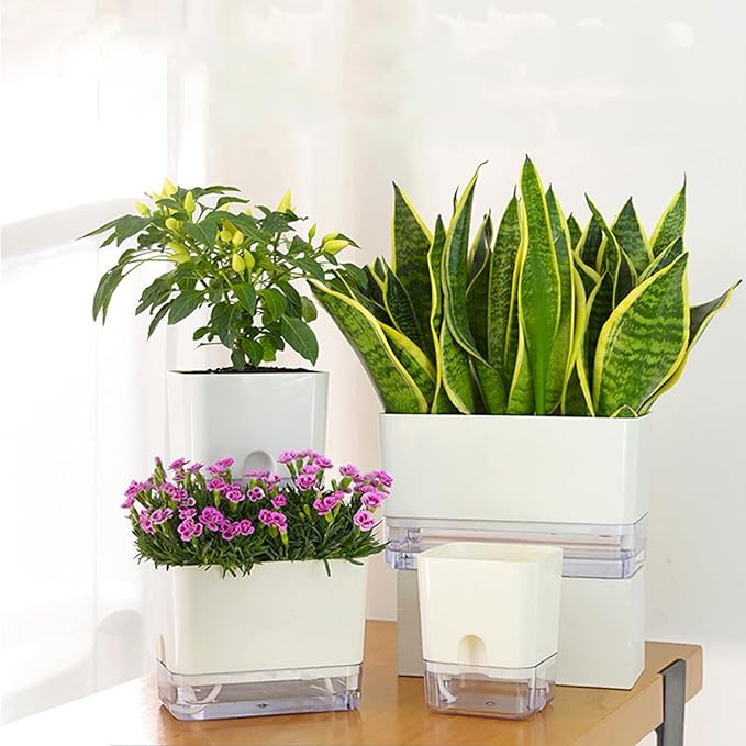 FAMZ Self Watering Planters 4 Pack,Self Watering Pots for Indoor Plants,Automatic Moisturizing,Transparent Square Flower Pot for Indoor and Outdoor Plants,Succulents,Violets,Ivy