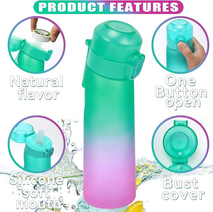 Water Bottle with Flavor Pods 21.9 Oz/650ml Fruit Fragrance Water Bottle Recyclable Sports Air Water Cup Scented Pods for Outdoor (Green Purple)