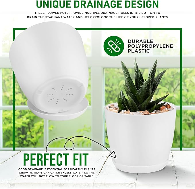 Eco Friendly Plant Pot Set -20-Pack Home Decor Flower Indoor and Outdoor Plastic Pots with Drainage Holes, Assorted Sizes (7", 6.6", 6", 5.3", 4.8") - Stackable Garden Versatile Planters