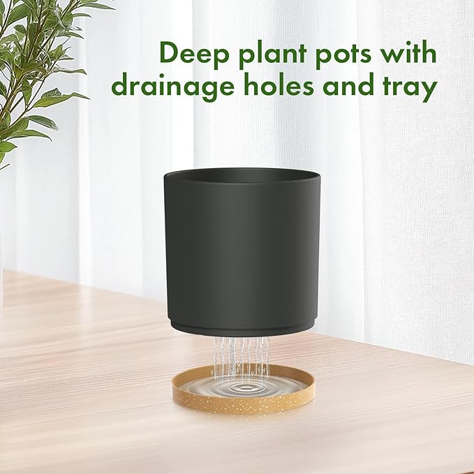 8/7/6 inch Flower Pots, 3 Pack Cylinder Plant Pots for Outdoor Indoor Plants, Decorative Plastic Planters with Drainage Holes and Saucers for Garden House Plants, Black with Brown