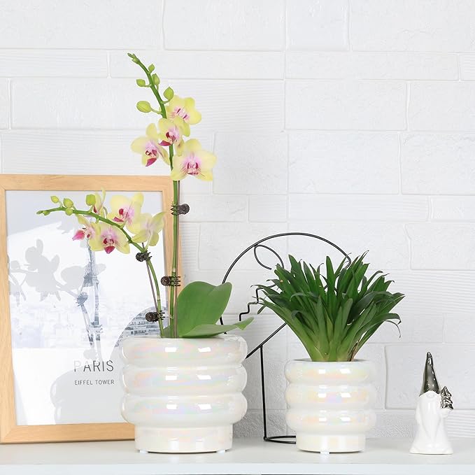 5.7 Inch +4.1 inch 2 pcs Ceramic Plant Pots for Indoor Plants, Rainbow Pearl Glaze Planter with Planters for Plants with Drainage Hole, Orchid Pots, Succulent Pot, Flower Pot (White)