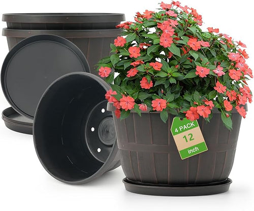 Quarut 12 Inch Large Planter Pot for Plants Indoor Outdoor, 4 Pack Plastic Flower Pots with Drainage Hole & Tray, Modern Decorative Garden Pot with Saucer, Plant Container for House(Brown)