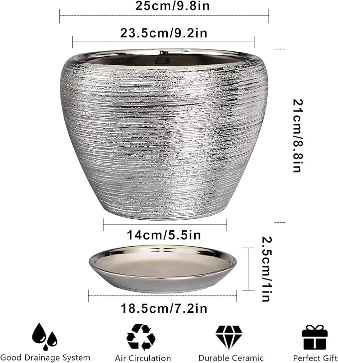 Flower Pot for Indoor Plants - Ceramic Planter 10 Inch Plant Pot with Drainage Hole and Saucer Large Decorative Planter Outdoor Mid-Century Planter for House Silver